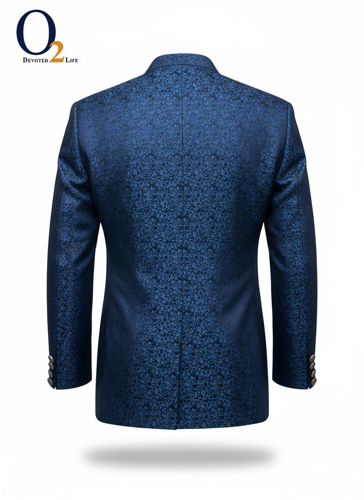 Blue Imported Textured Fabric Prince Coat With Patch Details On Pocket. ENVY