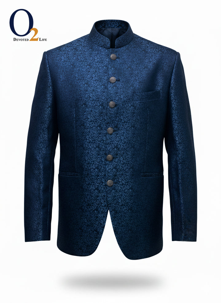 Blue Imported Textured Fabric Prince Coat With Patch Details On Pocket. ENVY
