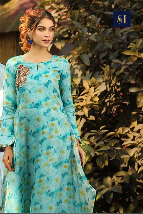 cyan blue Floral  Muslin Long Dress  Comes With pant