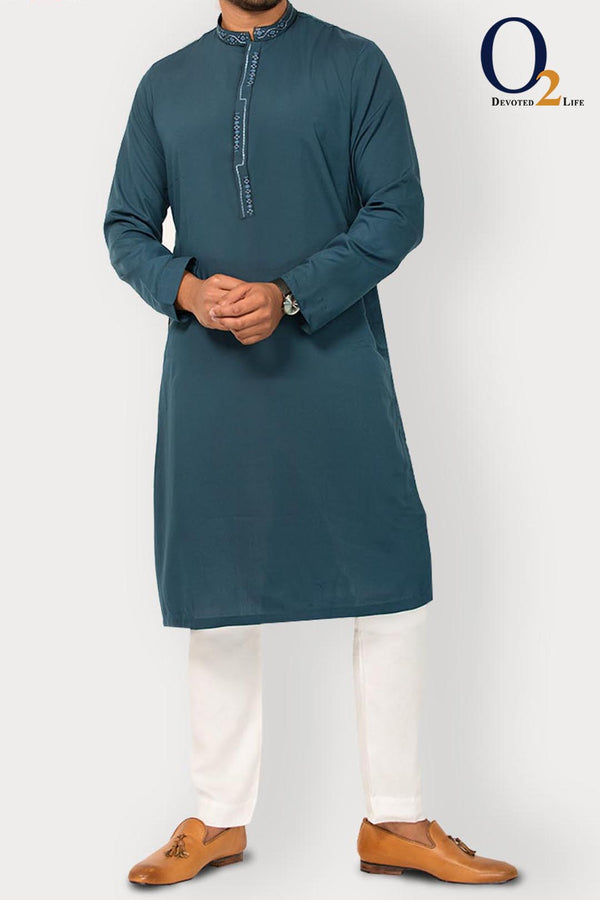 Teal Blue Embro Zardozi Classic Fit Panjabi