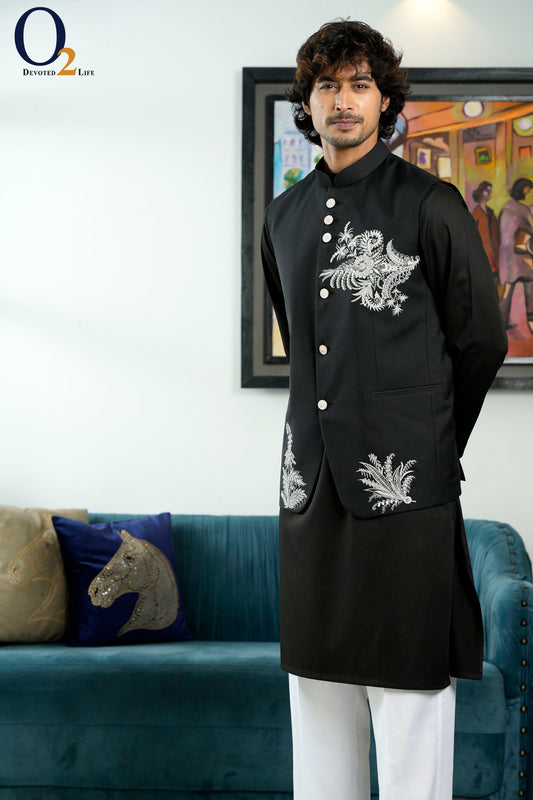 Embroidered Jawahar Cut Ethnic Vest In Black