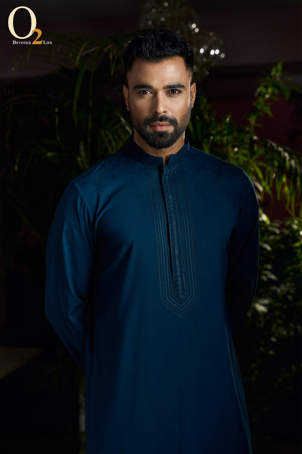 Zardozi Handwork Classic Fit Panjabi In Teal Blue - o2fashions