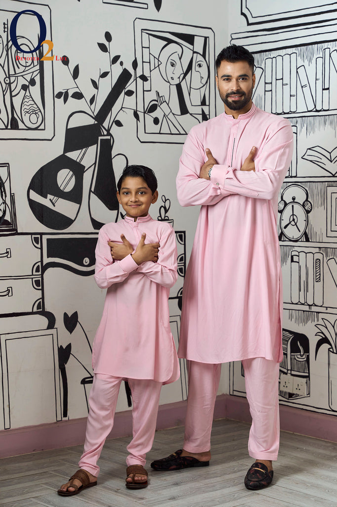 Kids Premium Linen Pink Regular Fit Kabli Set