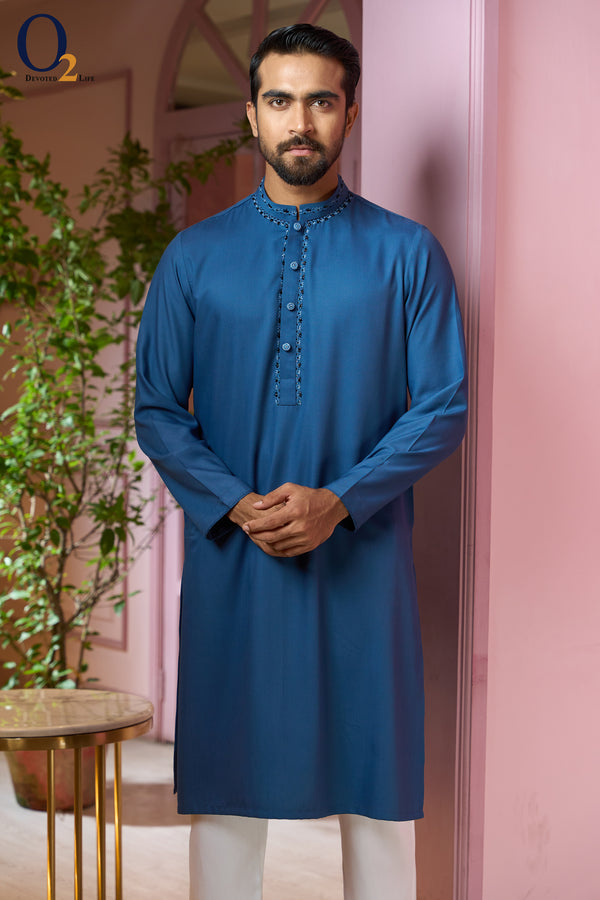 Zardozi Handwork Classic Fit Panjabi In Blue - o2fashions