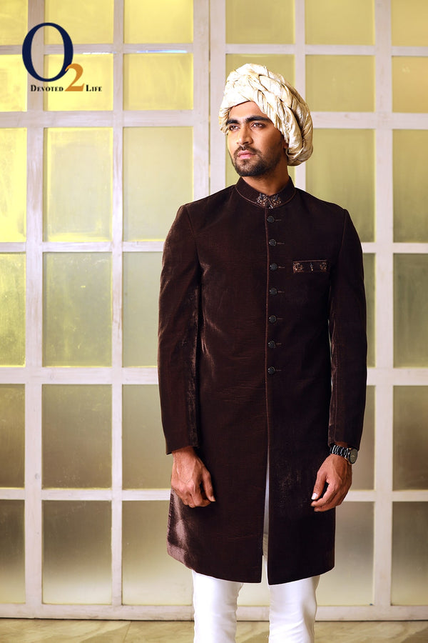 Dark Brown Velvet Zardozi Sherwani