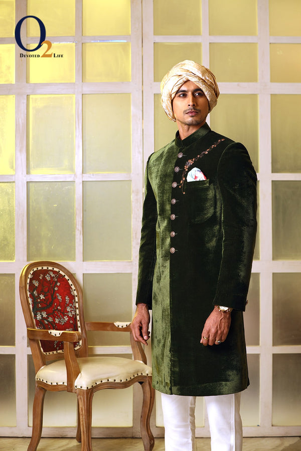 Green Velvet Zardozi Sherwani