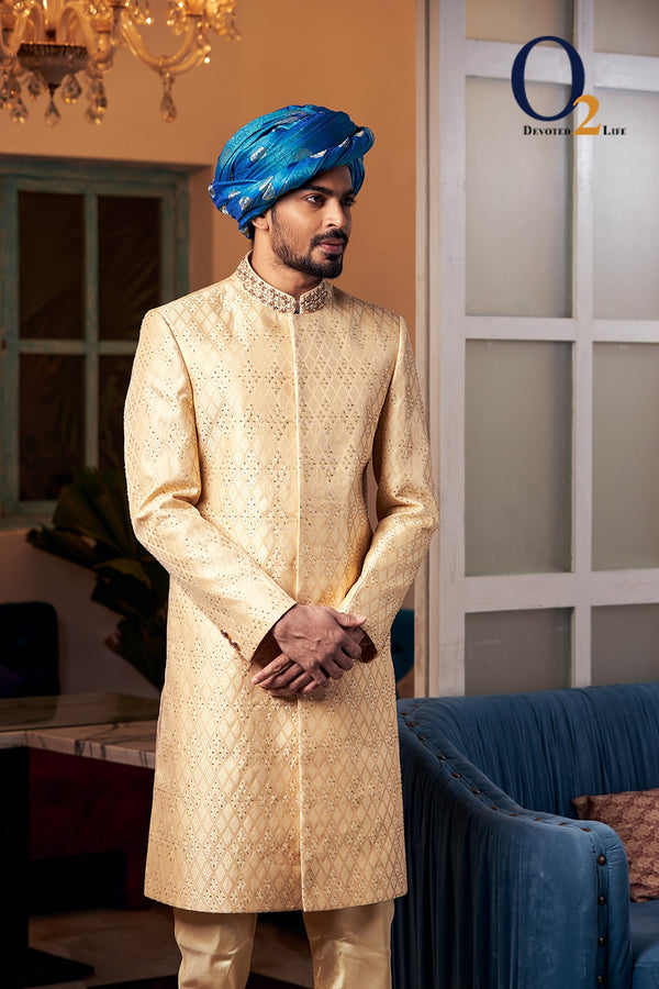 Golden Jacquard Zardozi Work Sherwani