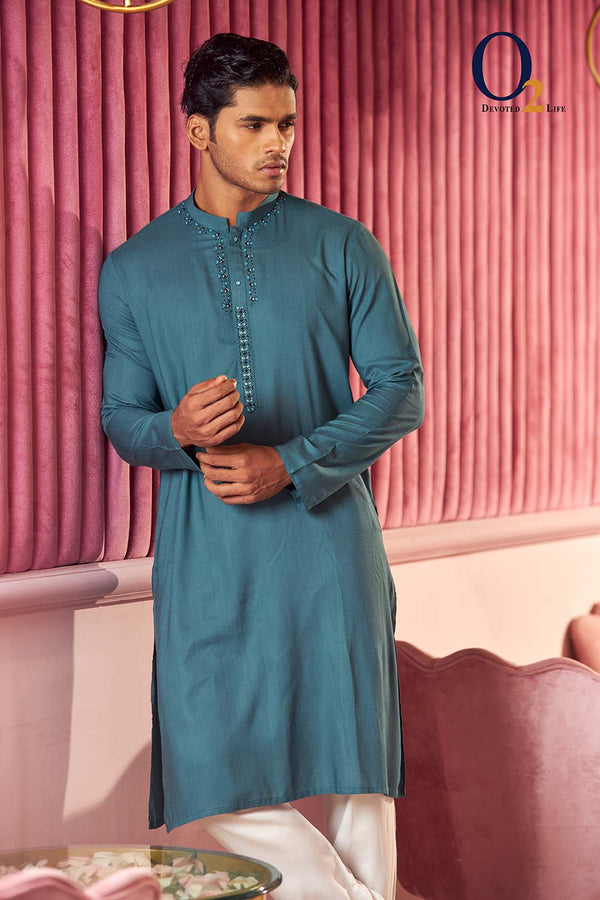 Blue Neck Zardozi Work Classic Fit Panjabi