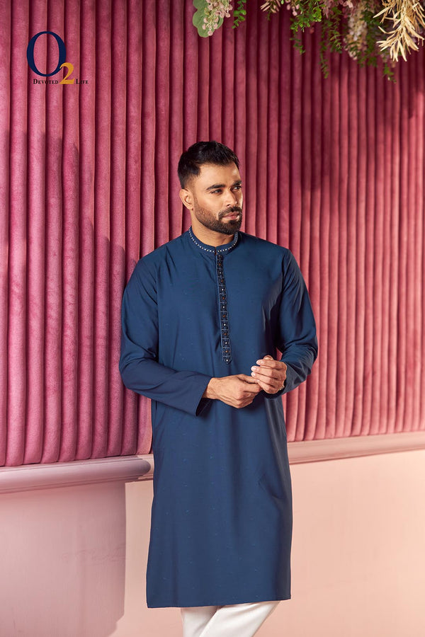 Blue Sprinted Zardozi Classic Fit Panjabi