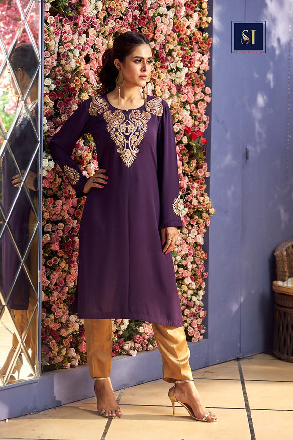 Irish Purple georgette tunics with Embro & Zardozi work