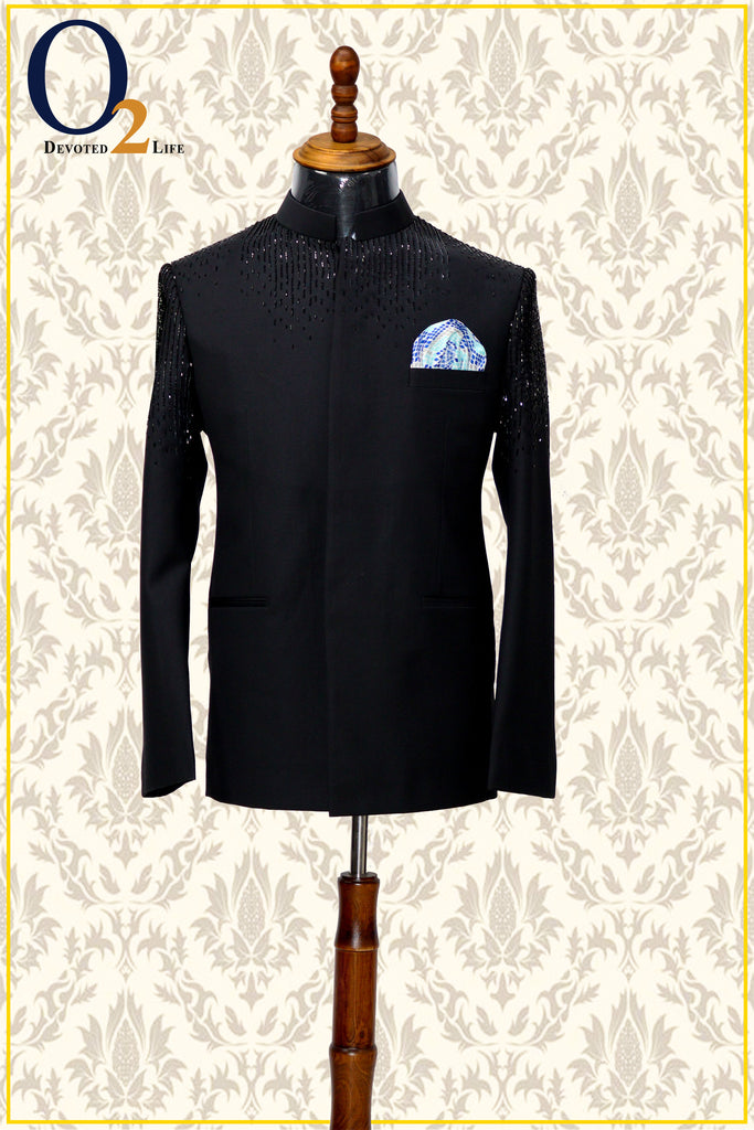 Black Swarovski Zardozi handwork  Italian Jhodhpuri Suit
