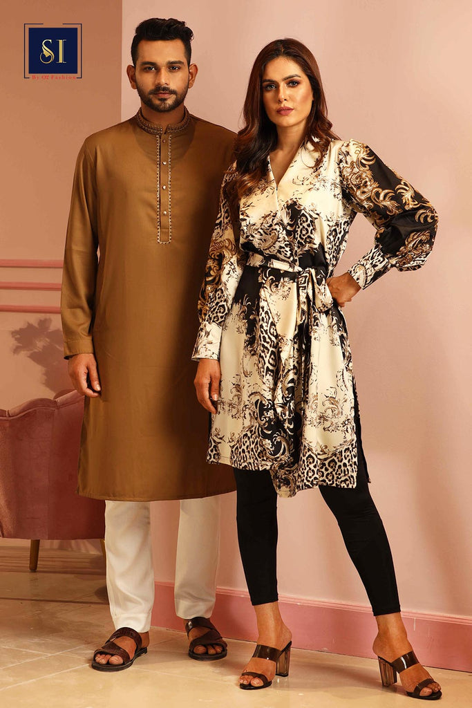 Leopard Print with Embodied Echonic Dress and Pastel Brown Panjabi Couple Collection