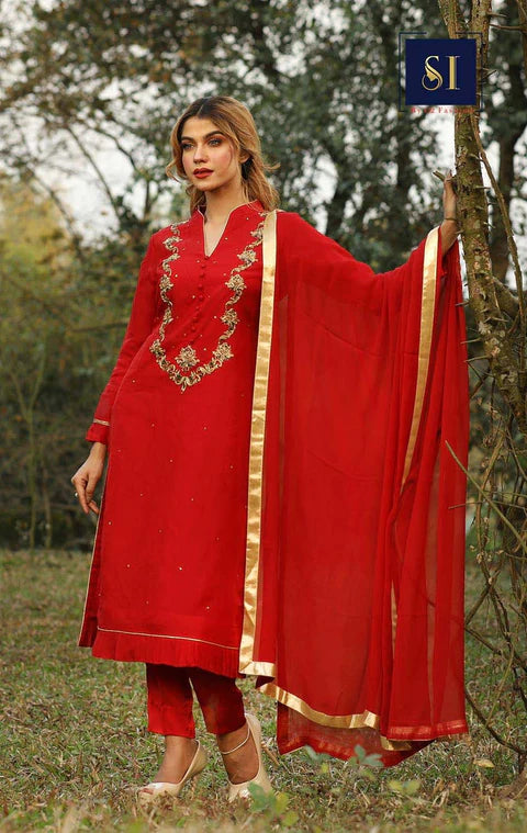 Ethnic Zardosi Work Kameez in Red Muslin (3pc)