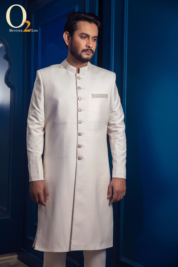 Wedding Groom White Sherwani In Zardozi handwork