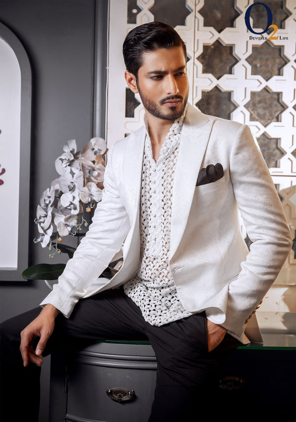 White Jacquard Men Suits Wedding Tuexdos