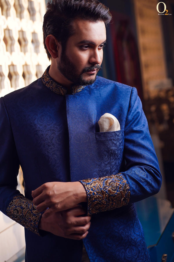 Cobalt Blue Prince coat for Groom in Atlas Jamawar