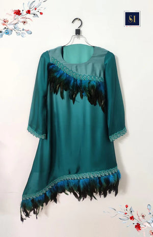Teal Fashion Feather Dress Comes With Pant