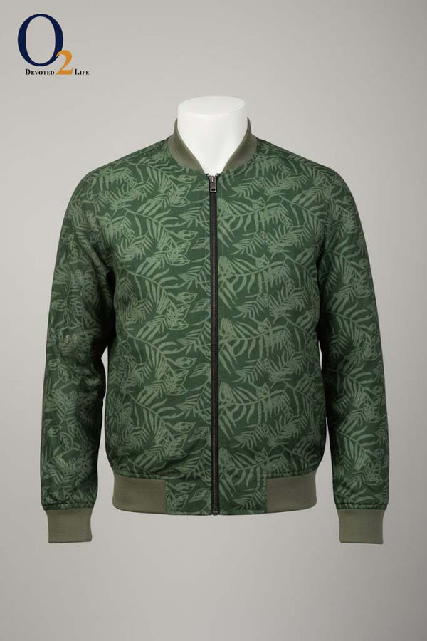Men's Mandarin Collar Printed Green Bomber Jacket ENVY