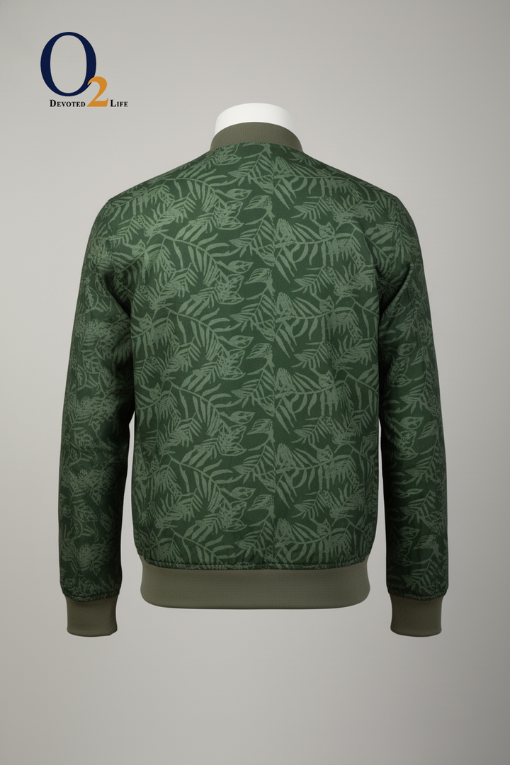 Men's Mandarin Collar Printed Green Bomber Jacket ENVY
