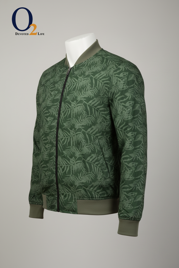 Men's Mandarin Collar Printed Green Bomber Jacket ENVY