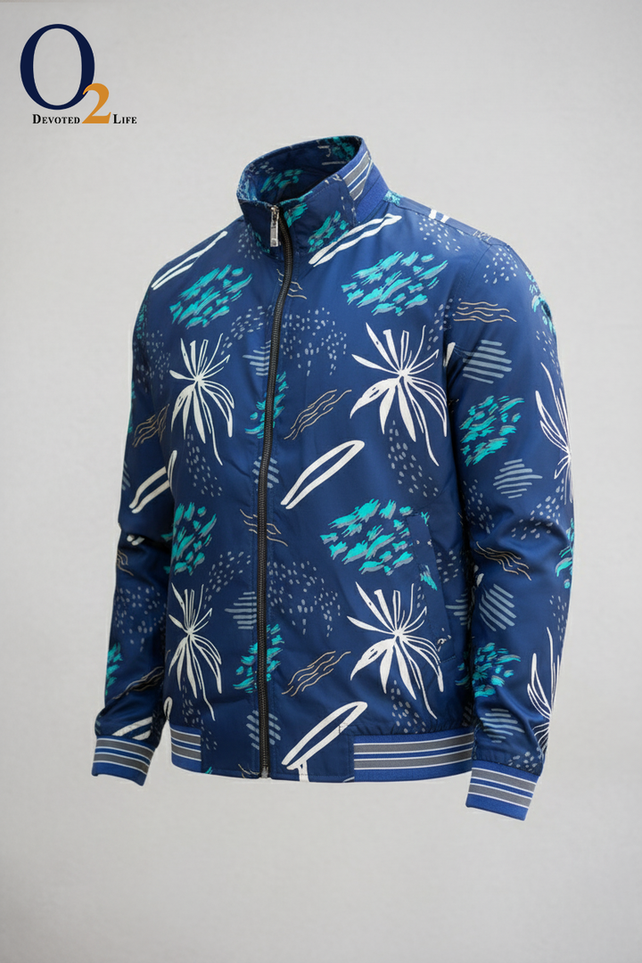 Men's Mandarin Collar Printed Blue Bomber Jacket ENVY