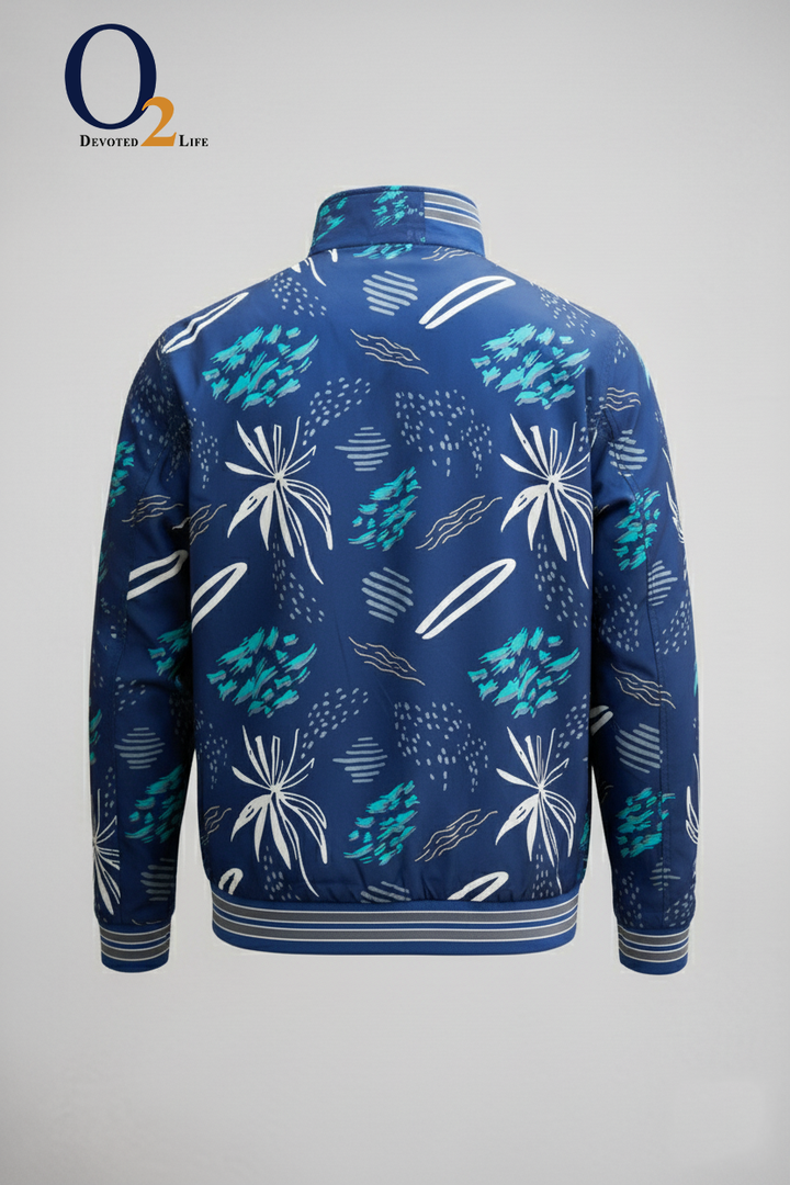 Men's Mandarin Collar Printed Blue Bomber Jacket ENVY