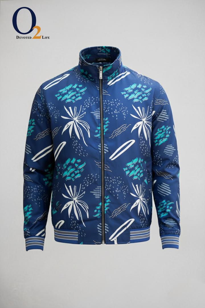 Men's Mandarin Collar Printed Blue Bomber Jacket ENVY
