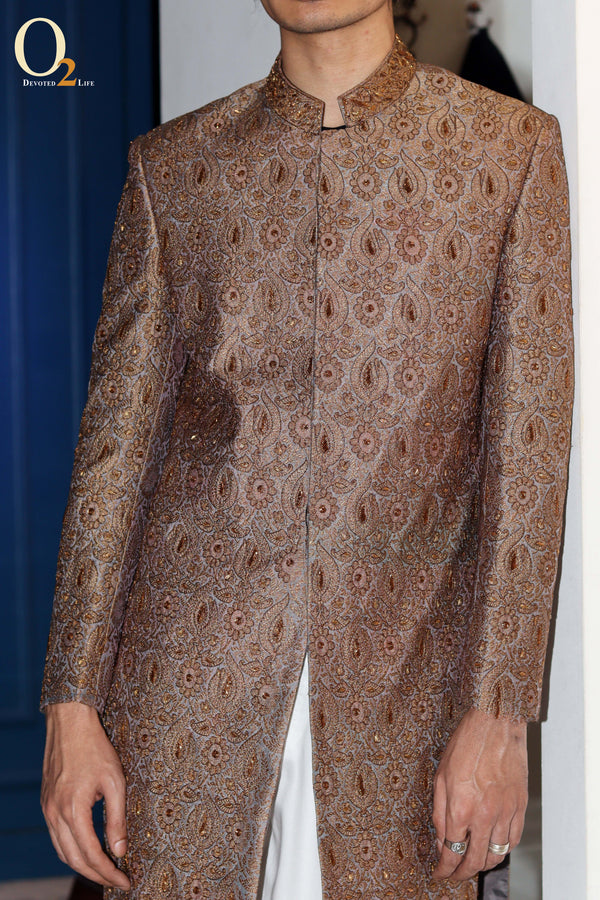 All over Zardozi handwork Sherwani In Beige Gold