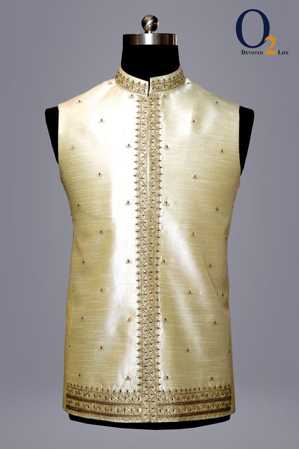 Golden raw silk Vest with Embro Handwork