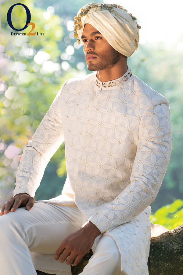 White Jacquard Zardozi Sherwani