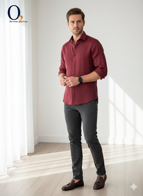 Pure Linen Maroon Regular Fit Shirt o2fashions
