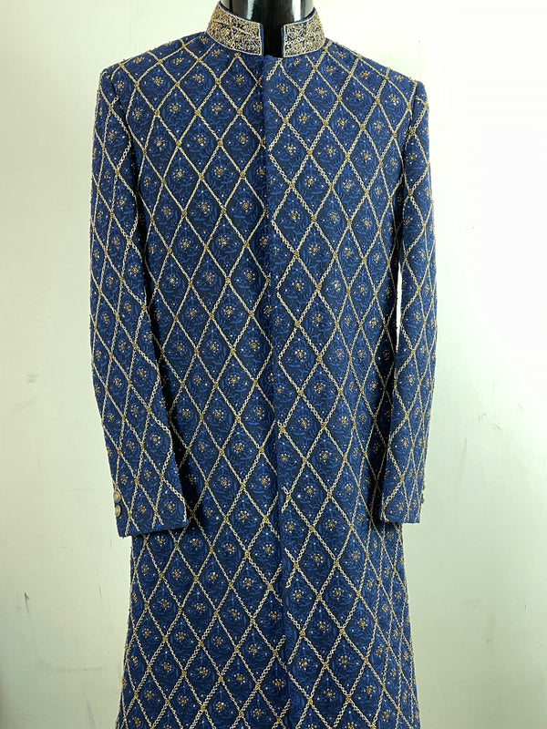 Navy Blue Jacquard with Golden Beehive Work Sherwani