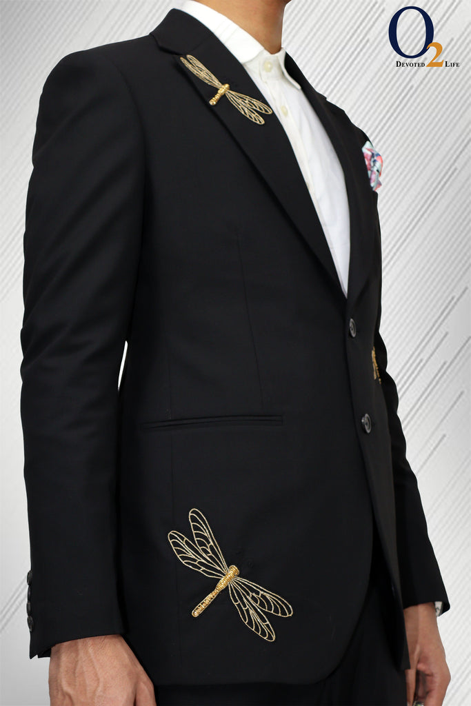 Men's Dragonfly Applique Single-breasted Suit in Black