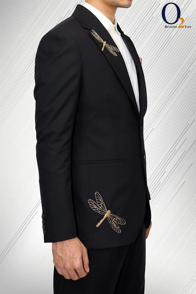 Men's Dragonfly Applique Single-breasted Suit in Black