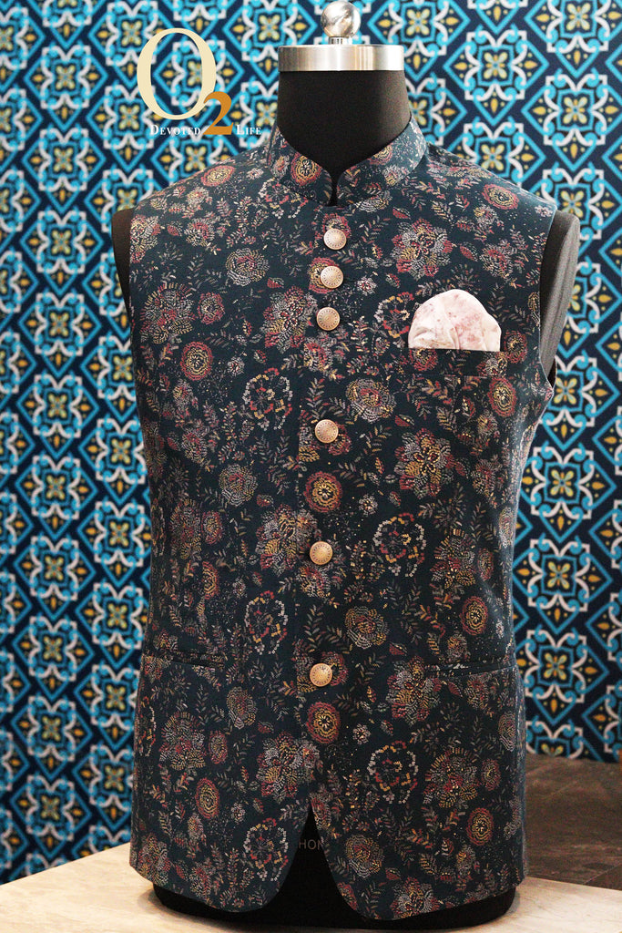 Digital Printed Art Silk Ethnic Vest in Navy