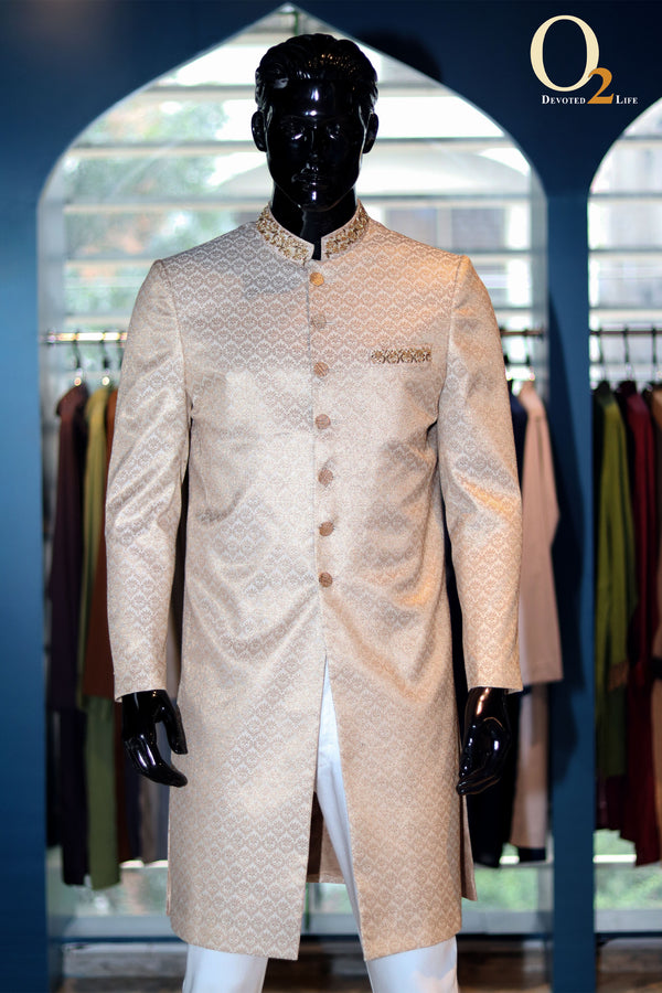 Golden Jacquard Designer Wedding Wear Sherwani