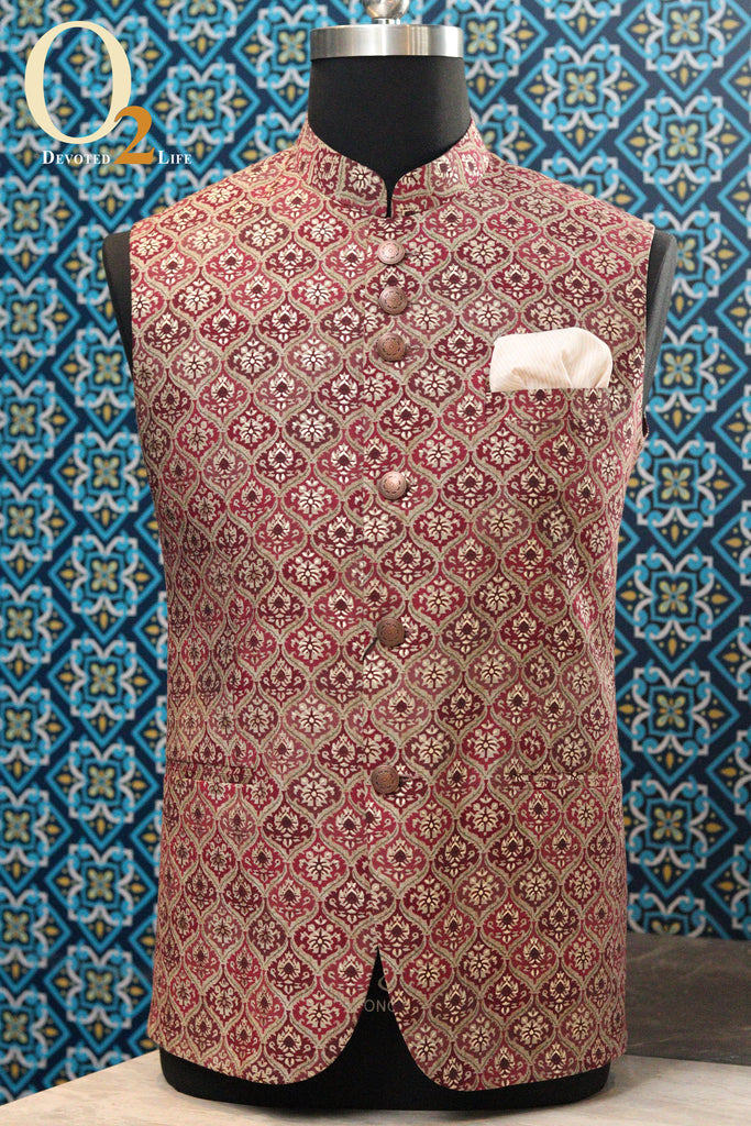 Digital Printed Art Silk Ethnic Vest in Red Check