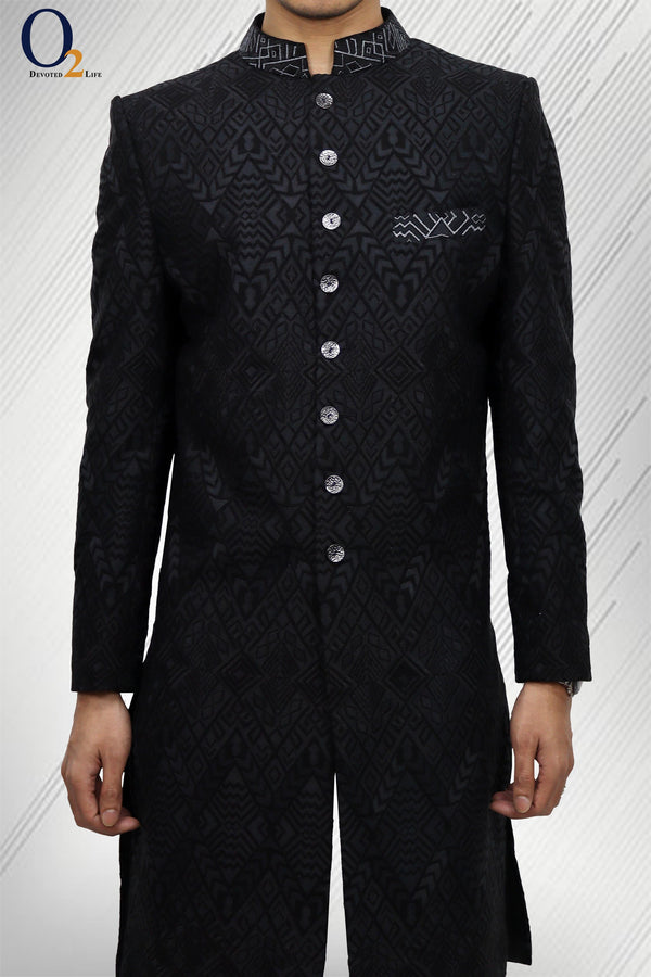 Black Velvet Embroidered Indowestern Sherwani