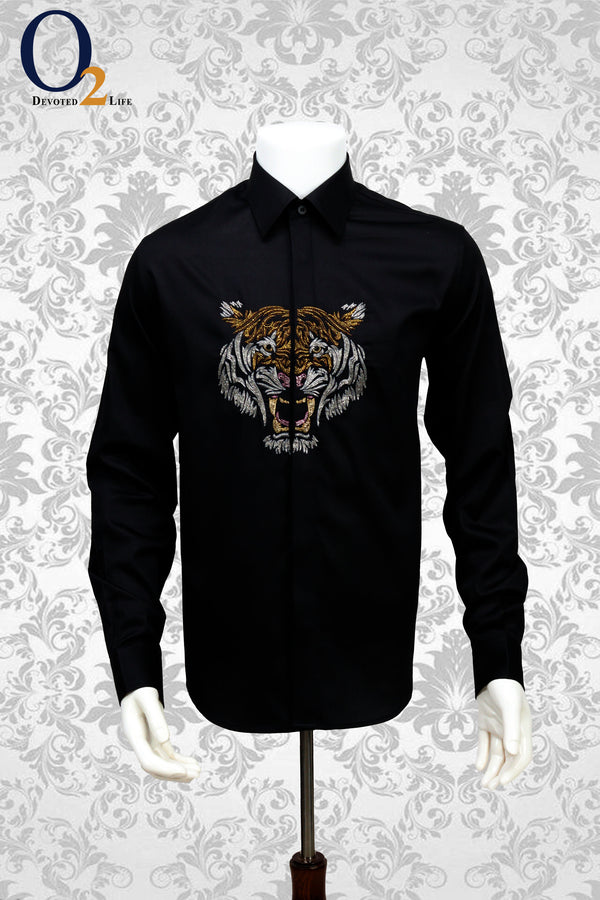 CASPIAN TIGER BLACK SATIN FULL SLEEVES SHIRT