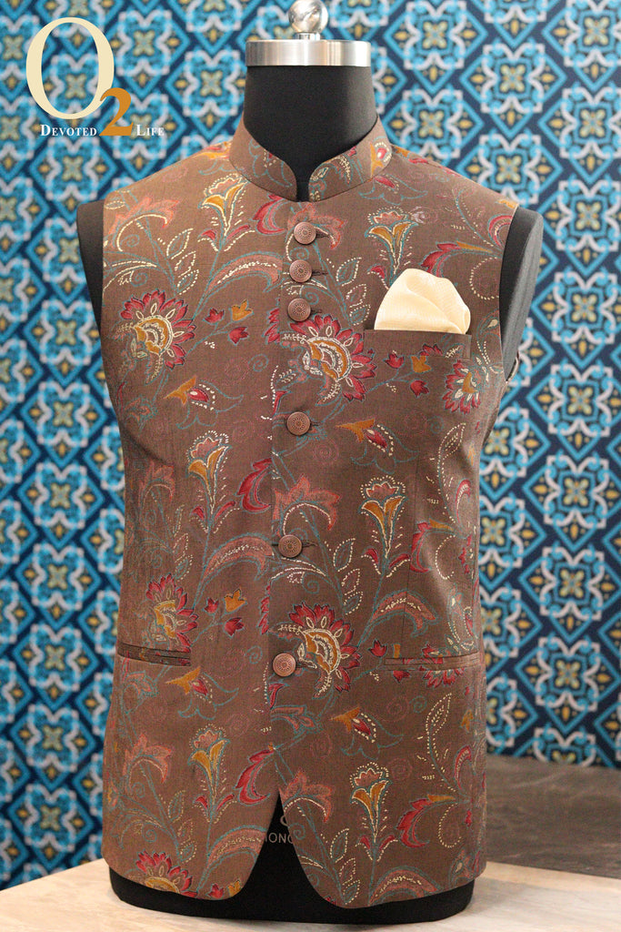 Digital Printed Art Silk Ethnic Vest in Grey